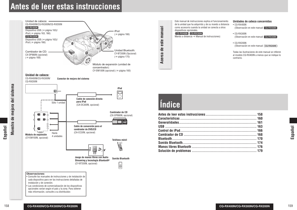 Índice, Antes de leer estas instrucciones, Cy-bt100u | Muestra de mejora del sistema, Acerca de este manual, Español | Panasonic CQRX300N User Manual | Page 86 / 155
