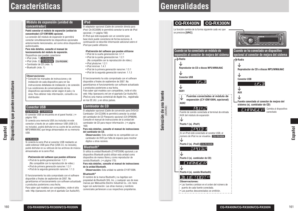 Características, Generalidades, Dispositivos que pueden conectarse | Selección de una fuente, Español | Panasonic CQRX300N User Manual | Page 87 / 155