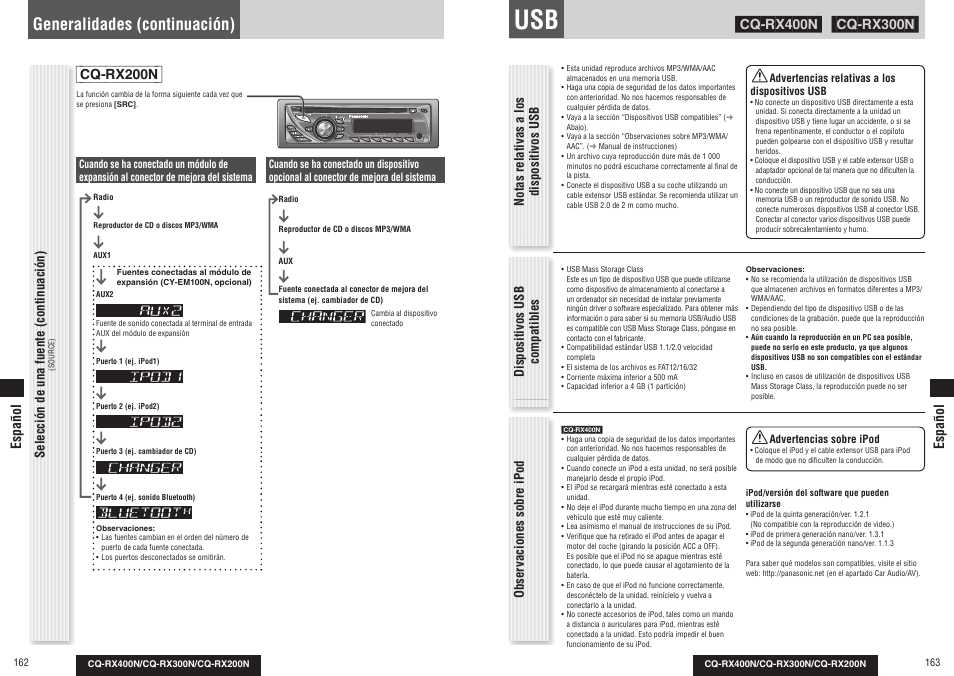 Generalidades (continuación), Cq-rx200n, Selección de una fuente (continuación) | Español | Panasonic CQRX300N User Manual | Page 88 / 155