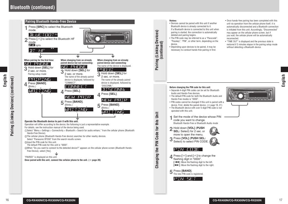 Bluetooth (continued) | Panasonic CQRX300N User Manual | Page 9 / 155