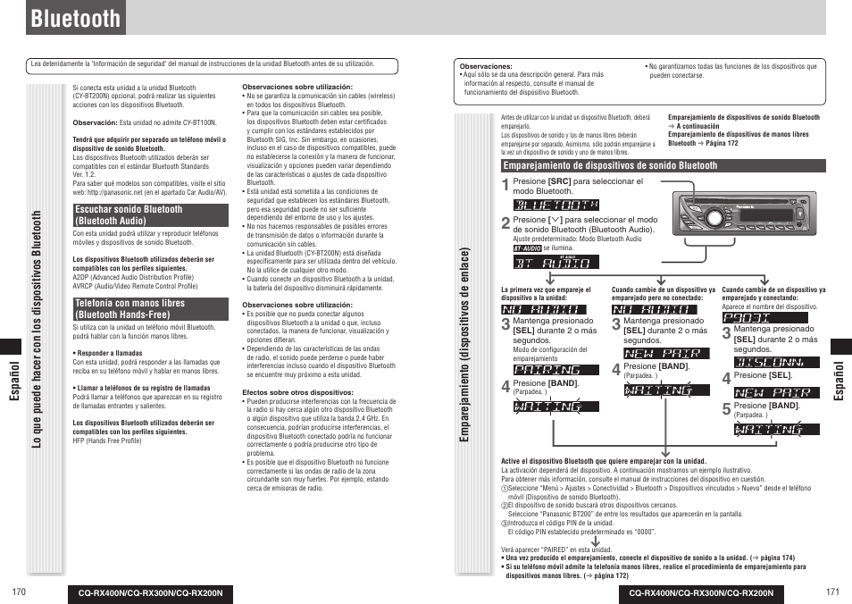 Bluetooth, Emparejamiento (dispositivos de enlace), Lo que puede hacer con los dispositivos bluetooth | Español | Panasonic CQRX300N User Manual | Page 92 / 155