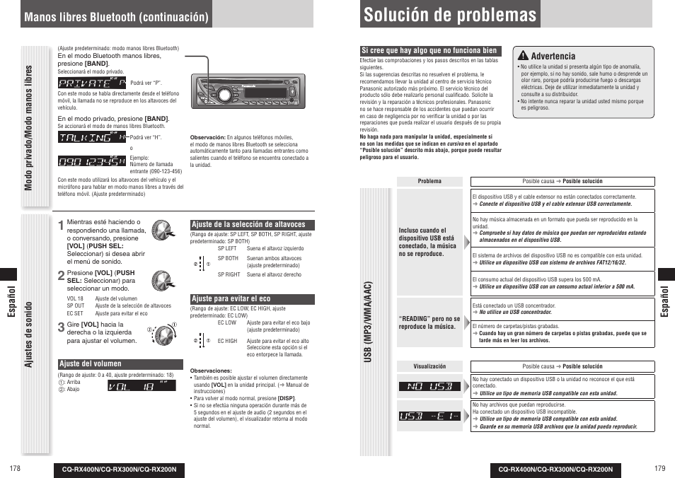 Solución de problemas, Manos libres bluetooth (continuación), Modo privado/modo manos libres | Ajustes de sonido, Advertencia, Usb (mp3/wma/aac), Español | Panasonic CQRX300N User Manual | Page 96 / 155