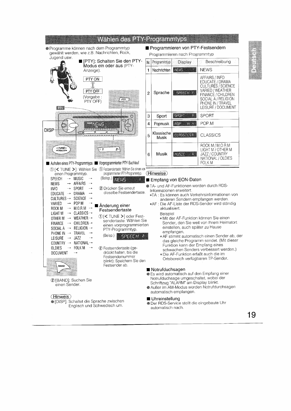 I programmieren von pty-festsendern, Cflinweise), Empfang von eon-daten | C hinweis), Notrufduchsagen, Uhreinstellung | Panasonic CQRDP162N User Manual | Page 19 / 84
