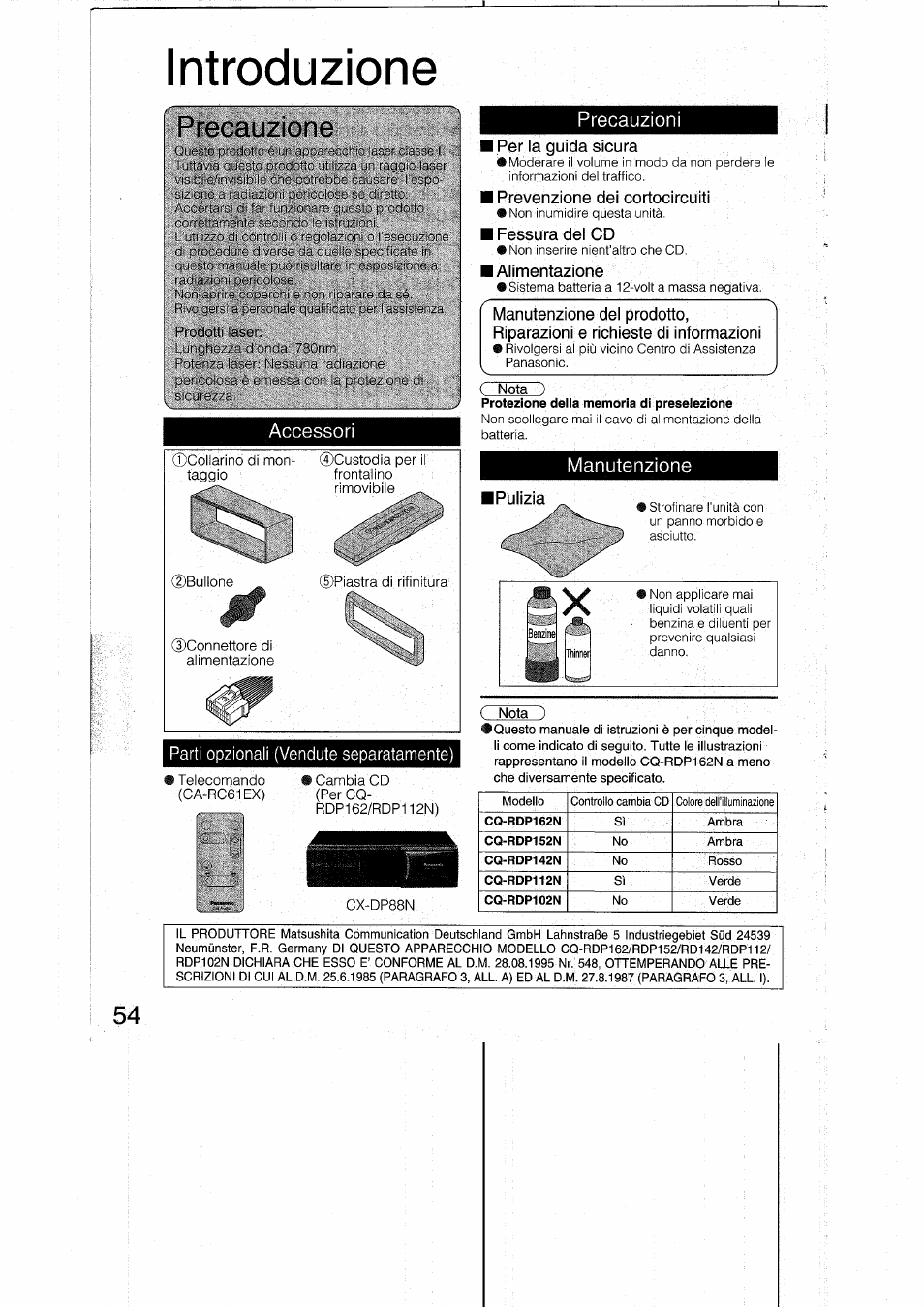 Introduzione, Accessori, Telecomando (ca-rc61 ex) | Cambia cd (per cq, Rdp162/rdp112n), Cx-dp88n, Precauzioni, I per la guida sicura, I prevenzione dei cortocircuiti, I fessura del cd | Panasonic CQRDP162N User Manual | Page 54 / 84