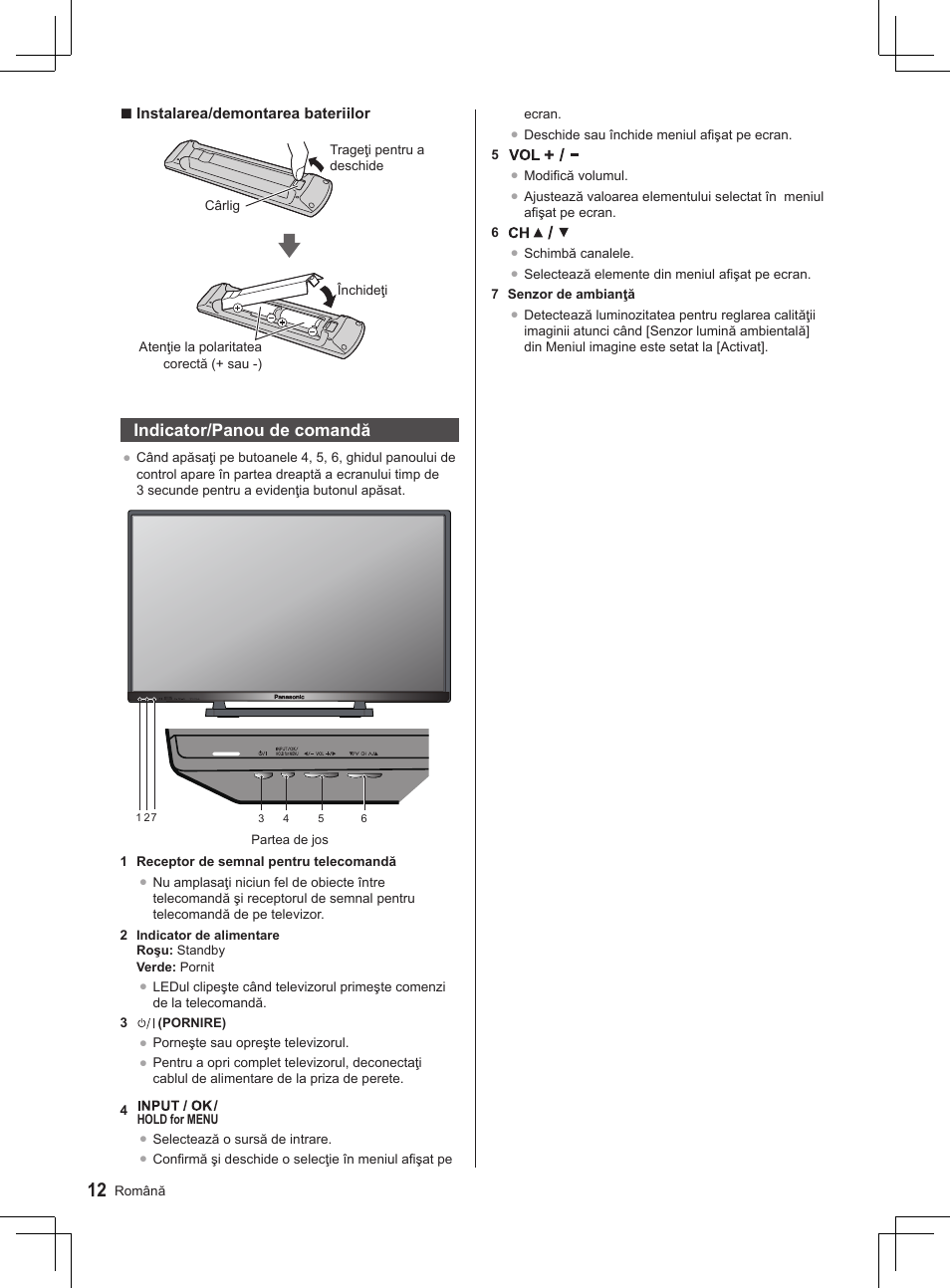 Indicator/panou de comandă | Panasonic TX32AS520E User Manual | Page 194 / 224