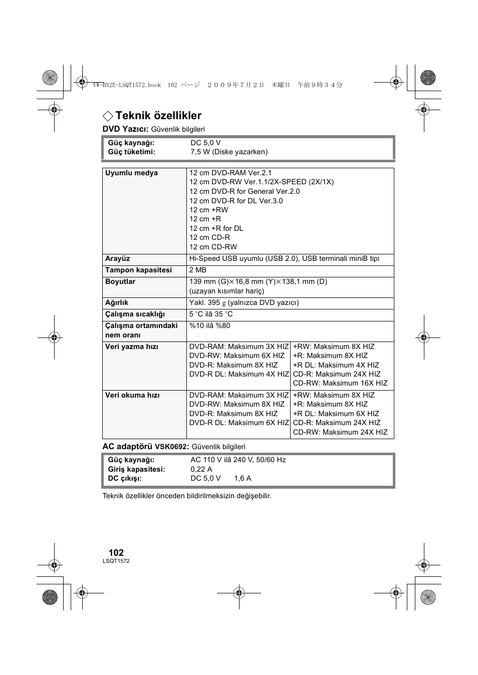 Teknik özellikler | Panasonic VWBN2 User Manual | Page 102 / 104