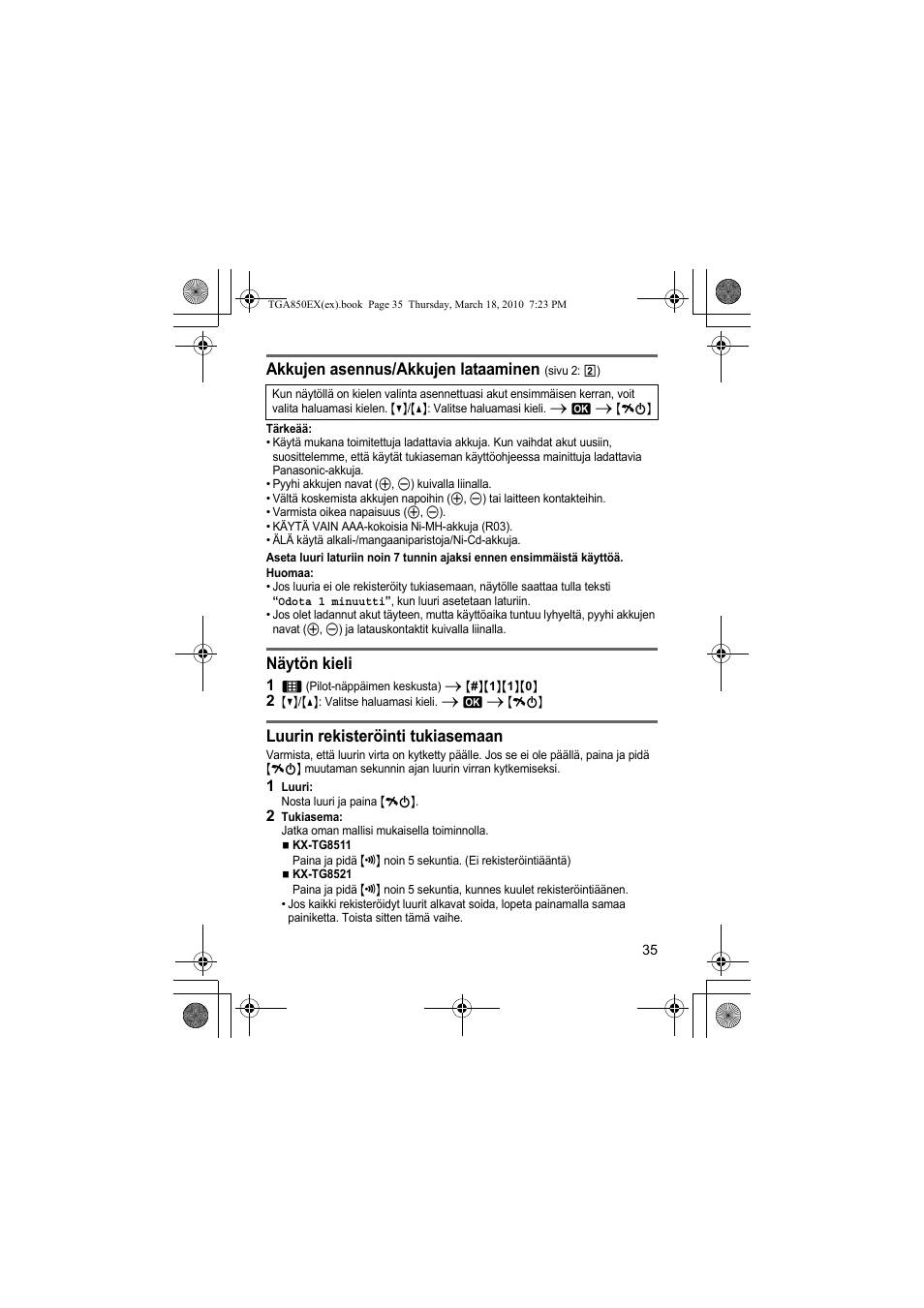 Akkujen asennus/akkujen lataaminen, Näytön kieli, Luurin rekisteröinti tukiasemaan | Panasonic KXTGA850EX User Manual | Page 35 / 72