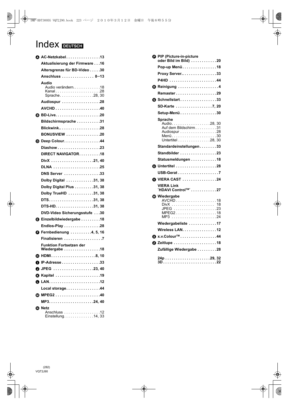 Index | Panasonic DMPBDT300EG User Manual | Page 282 / 288