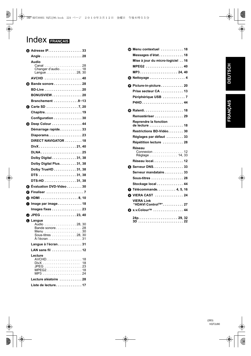 Index | Panasonic DMPBDT300EG User Manual | Page 283 / 288