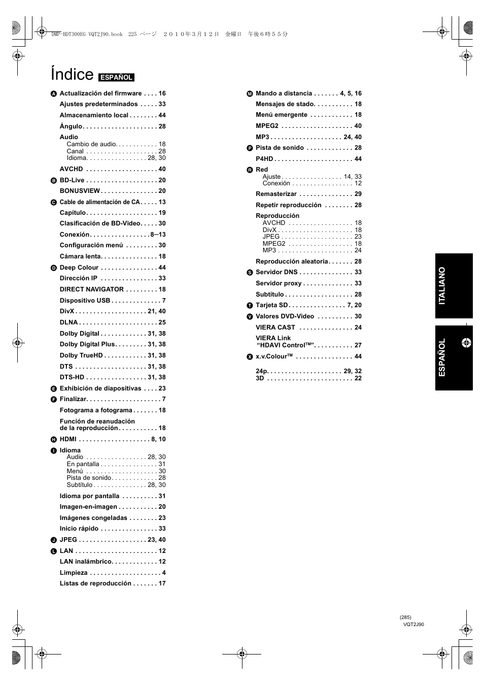 Índice | Panasonic DMPBDT300EG User Manual | Page 285 / 288