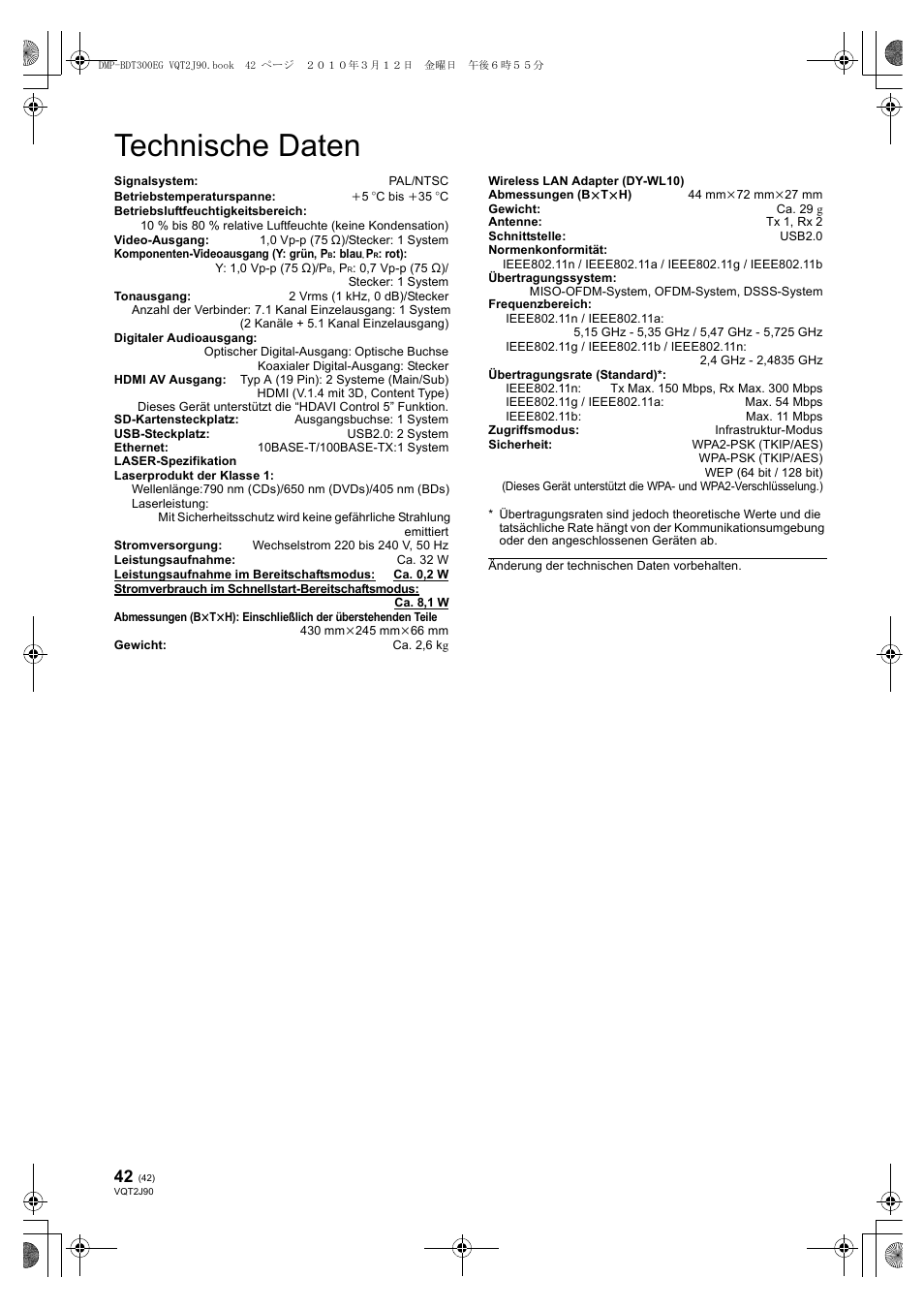 Technische daten | Panasonic DMPBDT300EG User Manual | Page 42 / 288