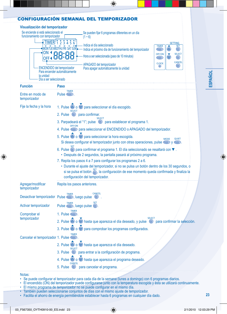 Esp añol, Configuración semanal del temporizador | Panasonic WHUD09CE5 User Manual | Page 23 / 76