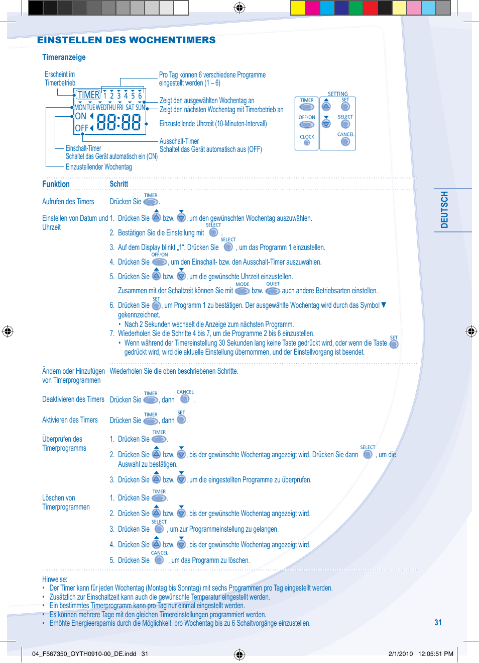 Deutsch, Funktion, Einstellen des wochentimers | Panasonic WHUD09CE5 User Manual | Page 31 / 76