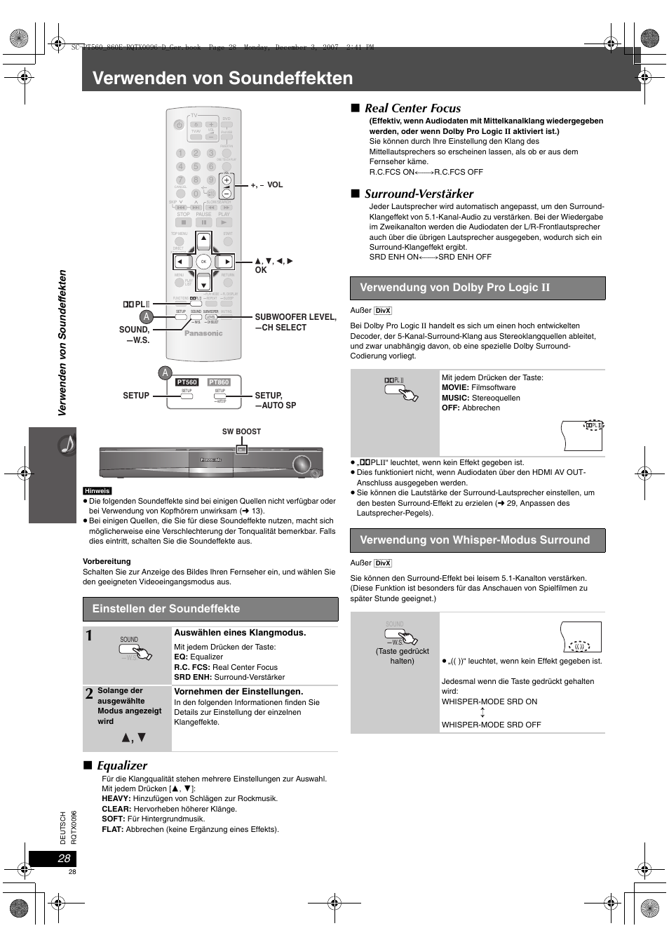 Verwenden von soundeffekten, Equalizer, Real center focus | Surround-verstärker, Einstellen der soundeffekte, Verwendung von dolby pro logic ii, Verwendung von whisper-modus surround | Panasonic SCPT560 User Manual | Page 28 / 116