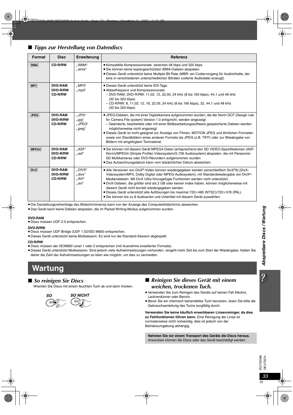 Wartung, Tipps zur herstellung von datendiscs, So reinigen sie discs | Panasonic SCPT560 User Manual | Page 33 / 116