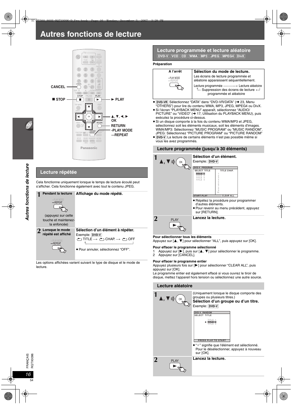 Autres fonctions de lecture, Lecture répétée, Lecture programmée et lecture aléatoire | Au tres f o nc tions de lec ture, Lecture programmée (jusqu’à 30 éléments), Lecture aléatoire | Panasonic SCPT560 User Manual | Page 54 / 116