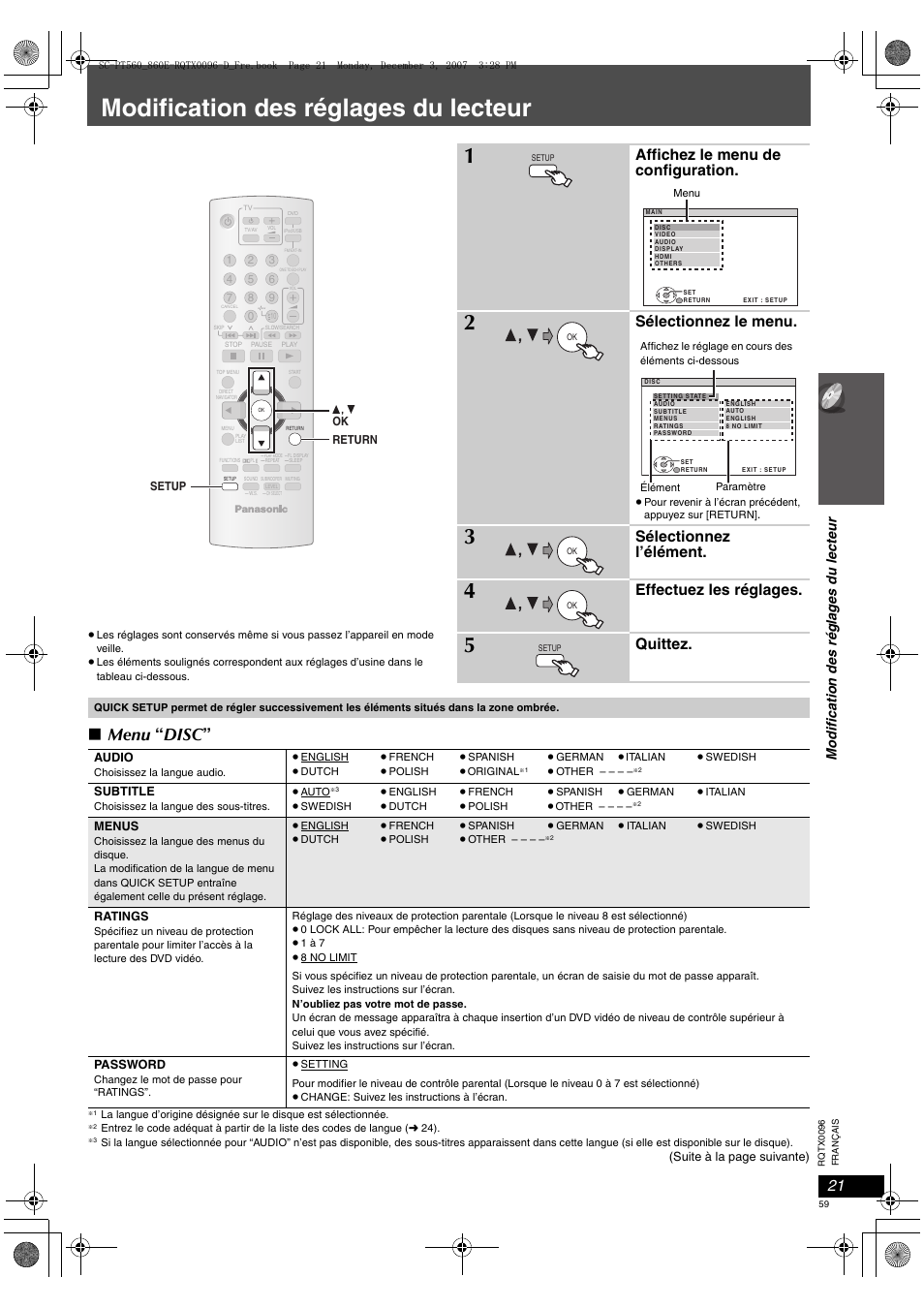Modification des réglages du lecteur, Menu “ disc, Affichez le menu de configuration | Sélectionnez le menu, Sélectionnez l’élément, Effectuez les réglages, Quittez, Modification des ré gla g es du lec teur | Panasonic SCPT560 User Manual | Page 59 / 116