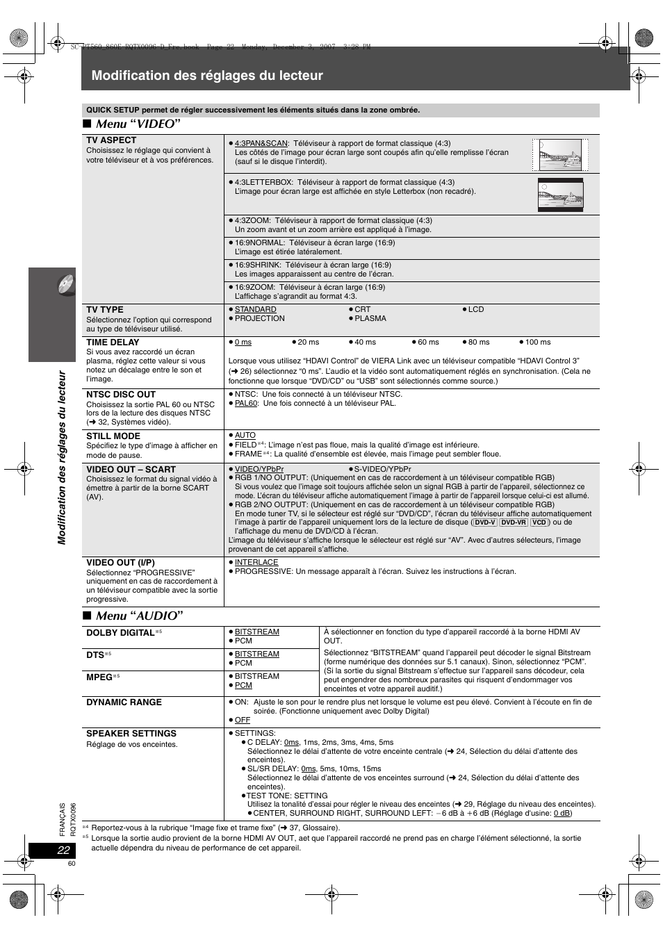 Modification des réglages du lecteur, Menu “ video ” ∫ menu “ audio | Panasonic SCPT560 User Manual | Page 60 / 116