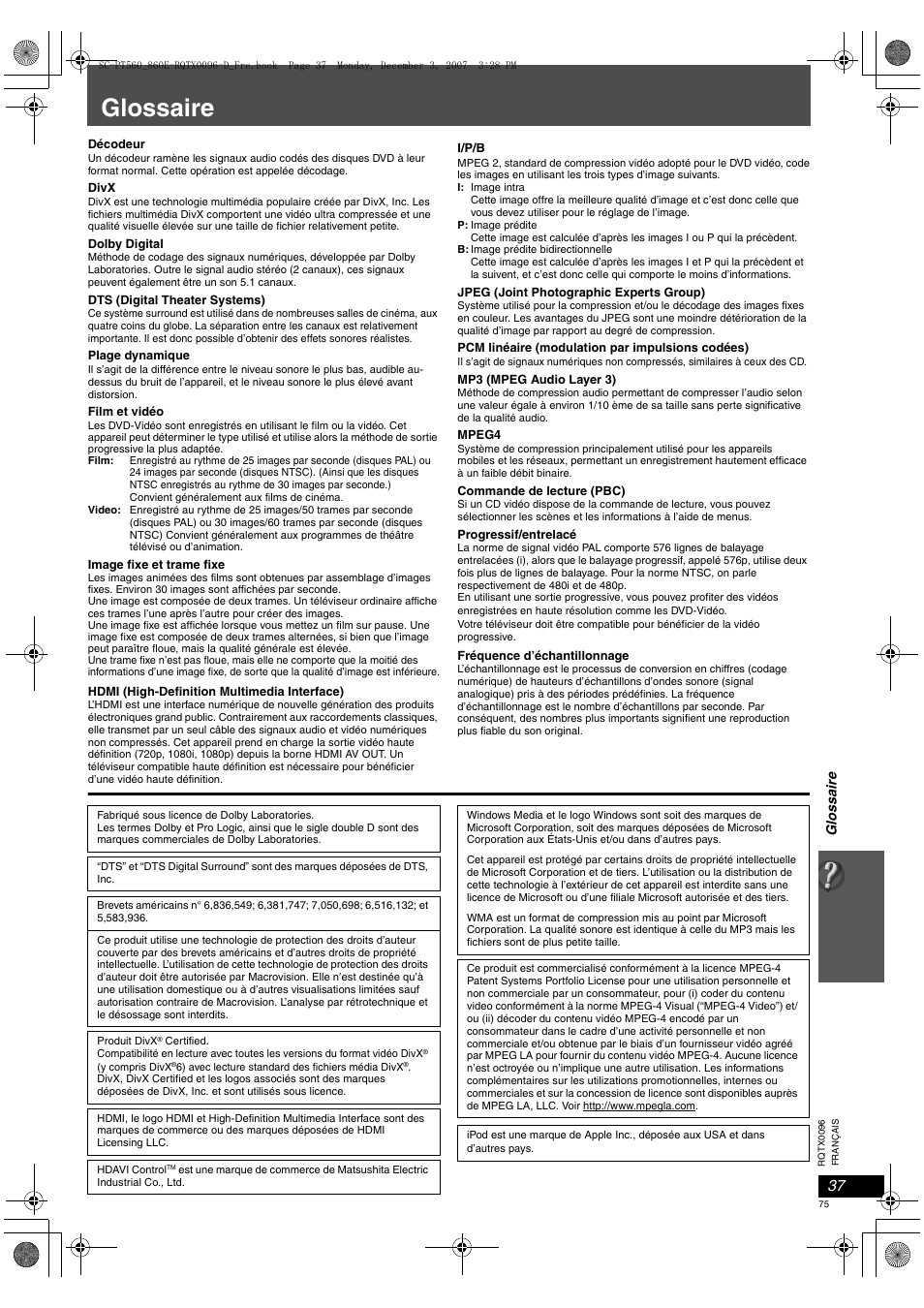 Glossaire | Panasonic SCPT560 User Manual | Page 75 / 116
