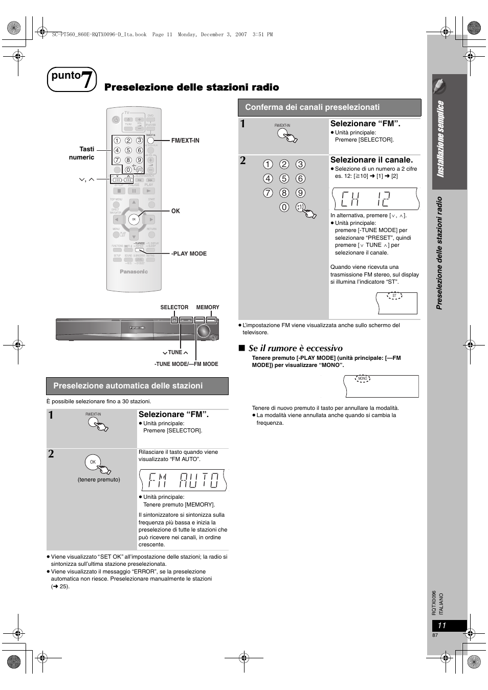 Punto, Preselezione delle stazioni radio, Se il rumore è eccessivo | Installazione sem plice, Preselezione automatica delle stazioni, Selezionare “fm, Conferma dei canali preselezionati, Selezionare il canale | Panasonic SCPT560 User Manual | Page 87 / 116