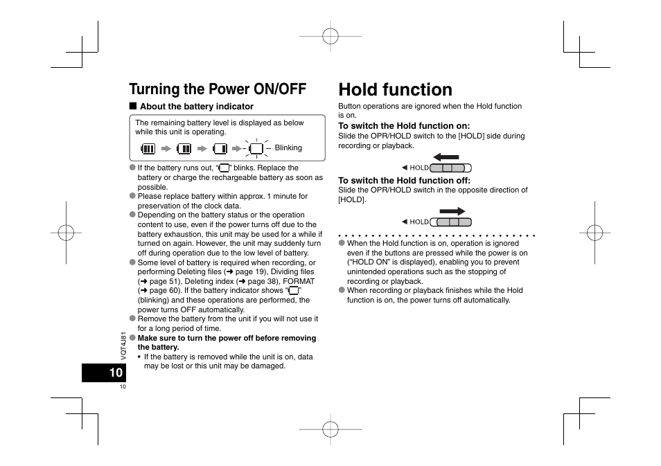 Hold function, Turning the power on/off | Panasonic RRXS450E User Manual | Page 10 / 234