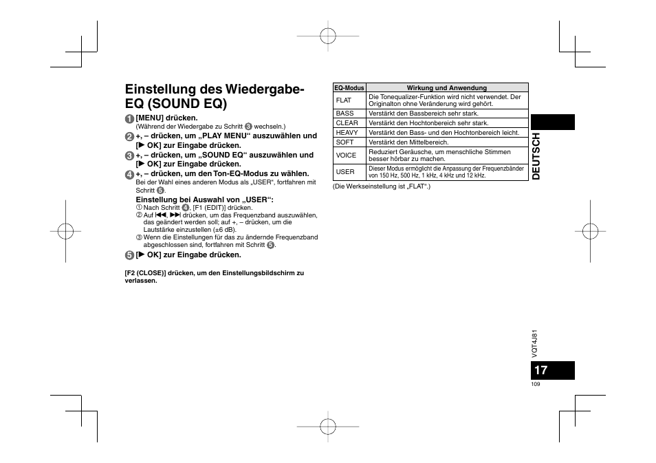Einstellung des wiedergabe- eq (sound eq), Deutsch | Panasonic RRXS450E User Manual | Page 109 / 234