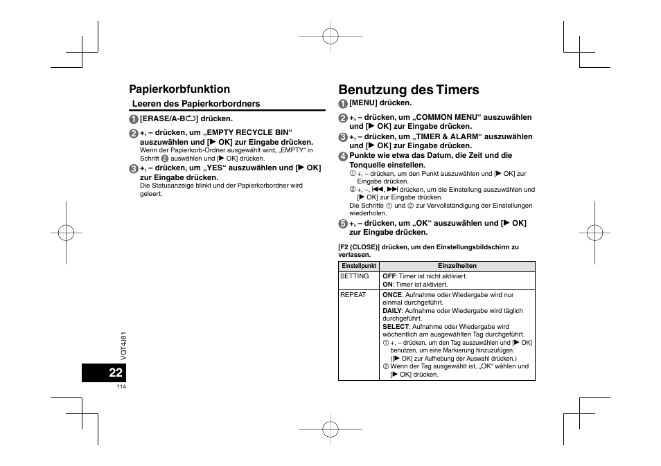 Benutzung des timers, Papierkorbfunktion | Panasonic RRXS450E User Manual | Page 114 / 234