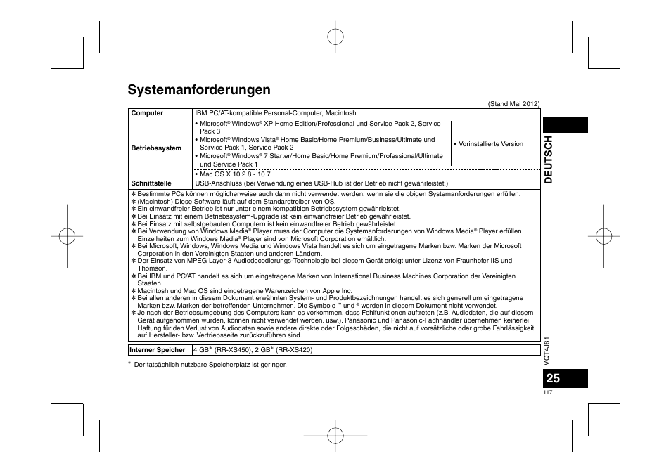 Systemanforderungen, Deutsch | Panasonic RRXS450E User Manual | Page 117 / 234