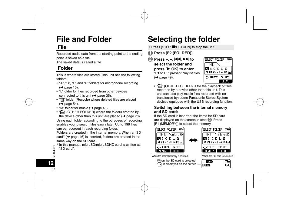 File and folder selecting the folder, File, Folder | Panasonic RRXS450E User Manual | Page 12 / 234