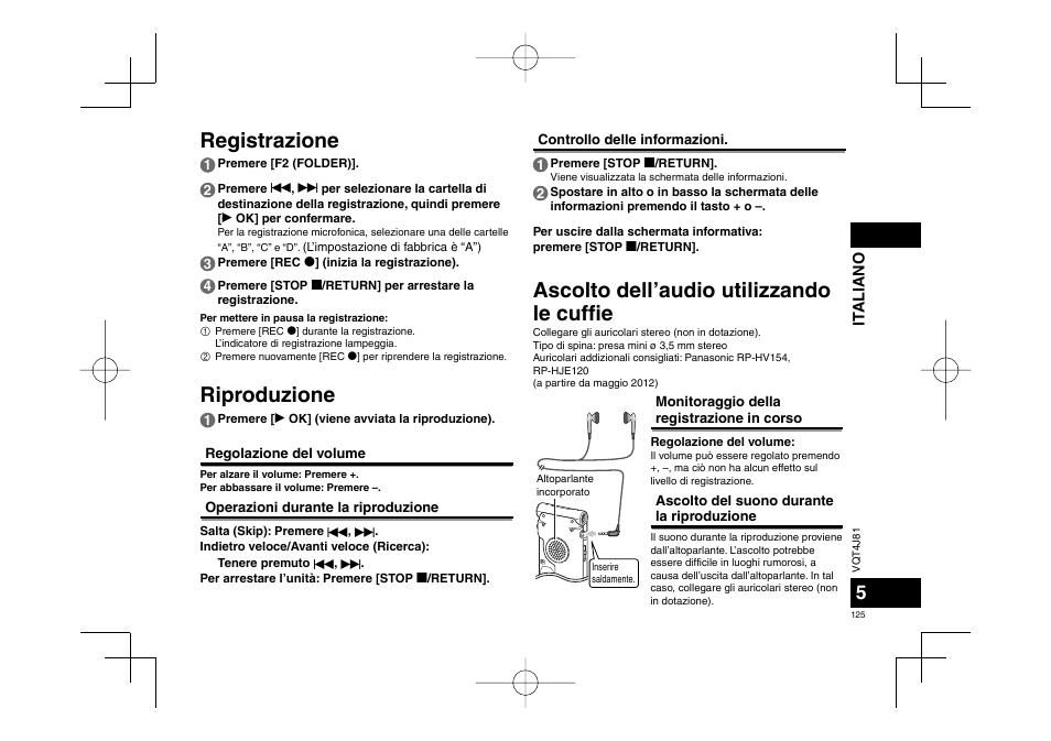 Ascolto dell’audio utilizzando le cuffi e, Registrazione riproduzione | Panasonic RRXS450E User Manual | Page 125 / 234