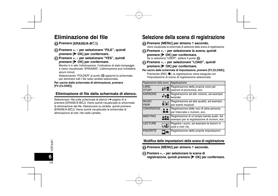 Eliminazione dei fi le, Selezione della scena di registrazione | Panasonic RRXS450E User Manual | Page 126 / 234