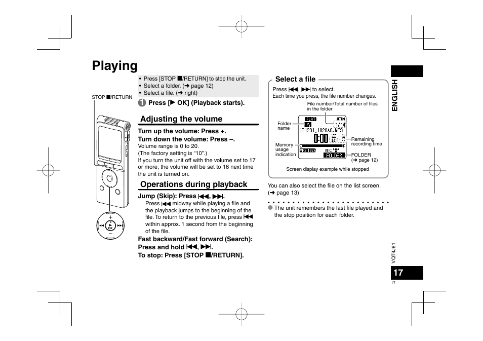 Playing, Adjusting the volume, Operations during playback | Panasonic RRXS450E User Manual | Page 17 / 234