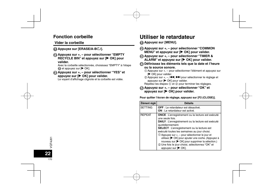 Utiliser le retardateur, Fonction corbeille | Panasonic RRXS450E User Manual | Page 170 / 234
