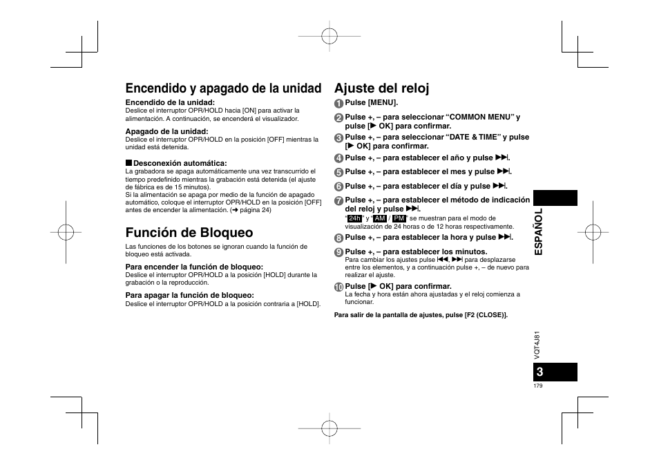 Encendido y apagado de la unidad, Función de bloqueo, Ajuste del reloj | Panasonic RRXS450E User Manual | Page 179 / 234