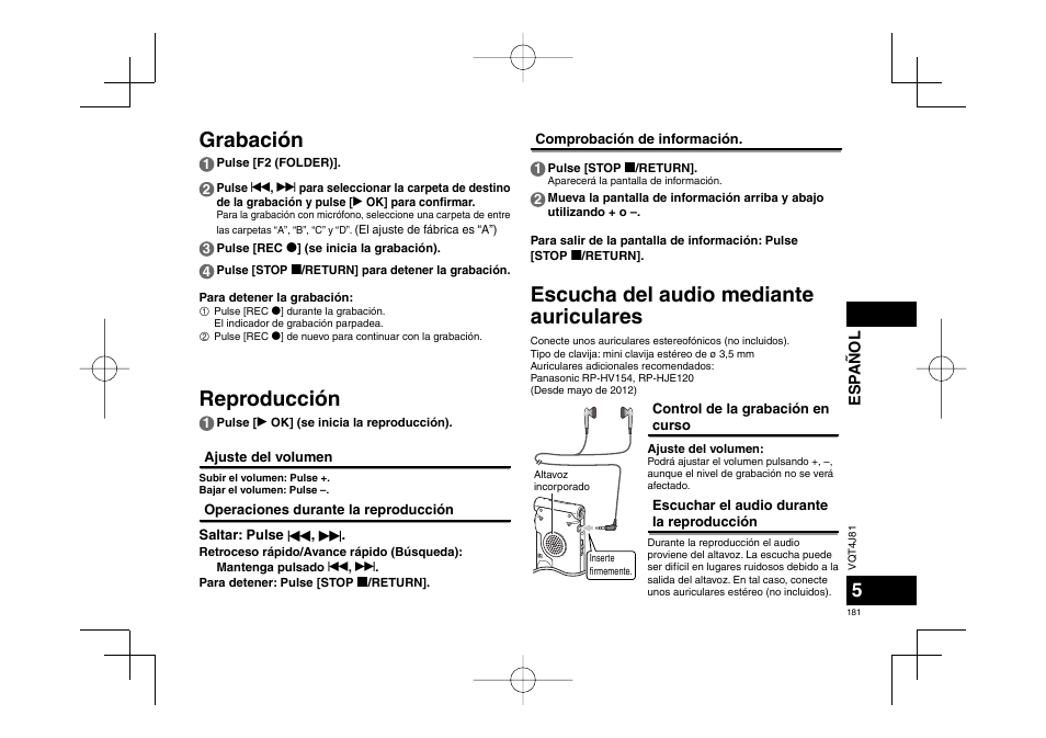 Escucha del audio mediante auriculares, Grabación reproducción | Panasonic RRXS450E User Manual | Page 181 / 234