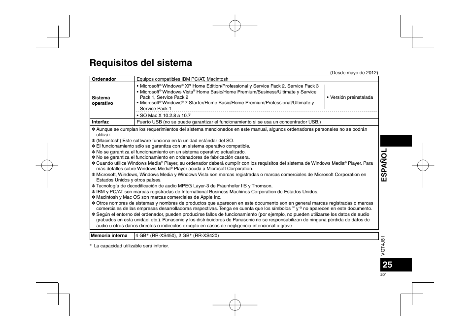 Requisitos del sistema, Esp añol | Panasonic RRXS450E User Manual | Page 201 / 234