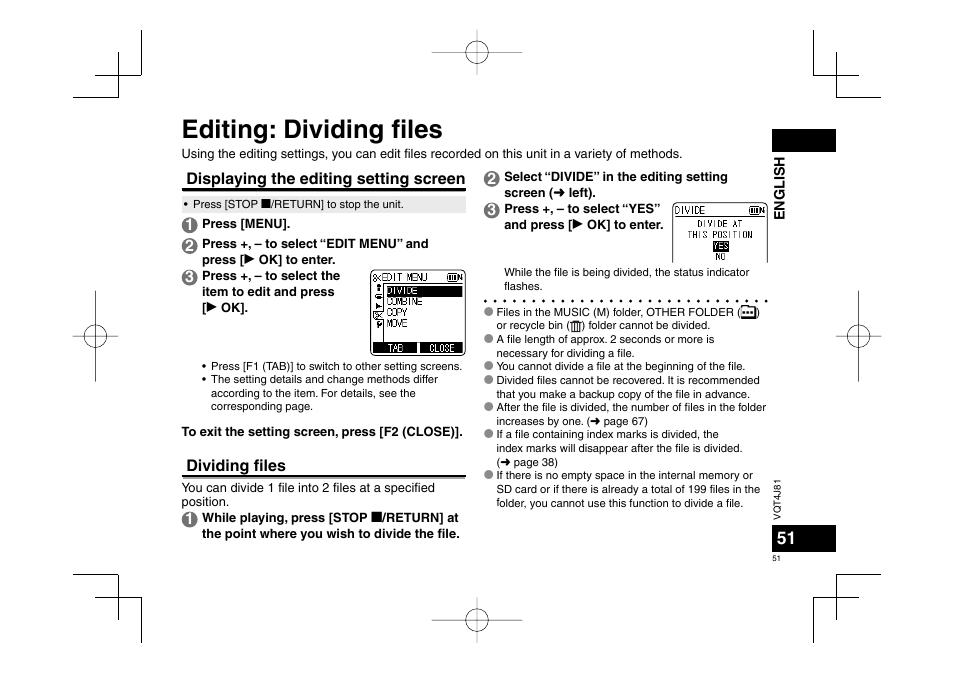 Editing: dividing fi les, Displaying the editing setting screen, Dividing fi les | Panasonic RRXS450E User Manual | Page 51 / 234