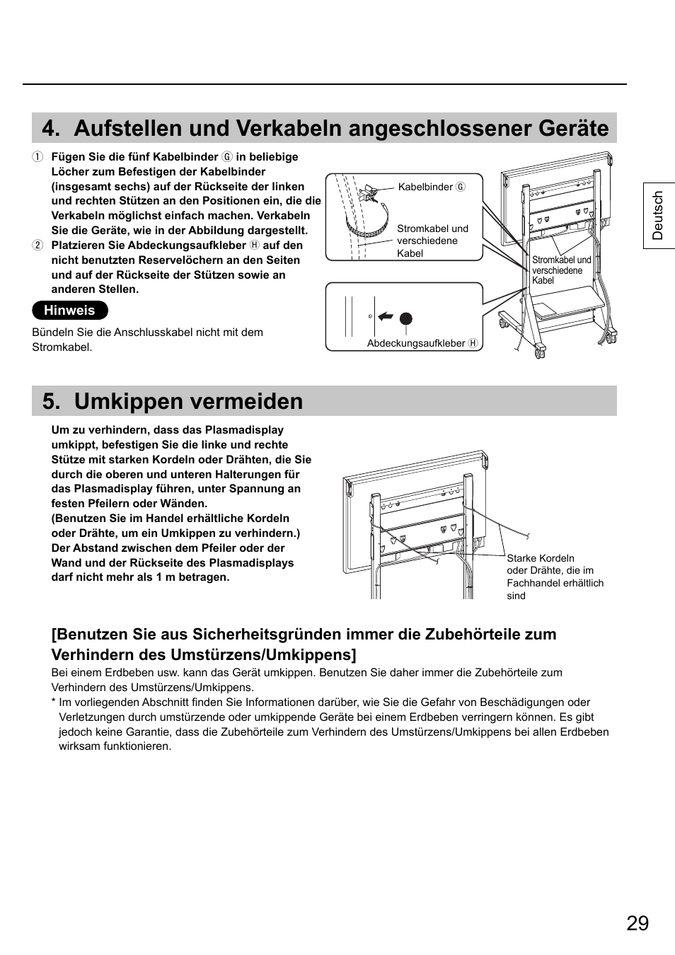 Aufstellen und verkabeln angeschlossener geräte, Umkippen vermeiden | Panasonic TYST58PF20 User Manual | Page 29 / 122