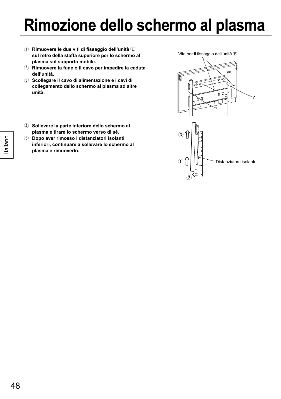 Rimozione dello schermo al plasma | Panasonic TYST58PF20 User Manual | Page 48 / 122