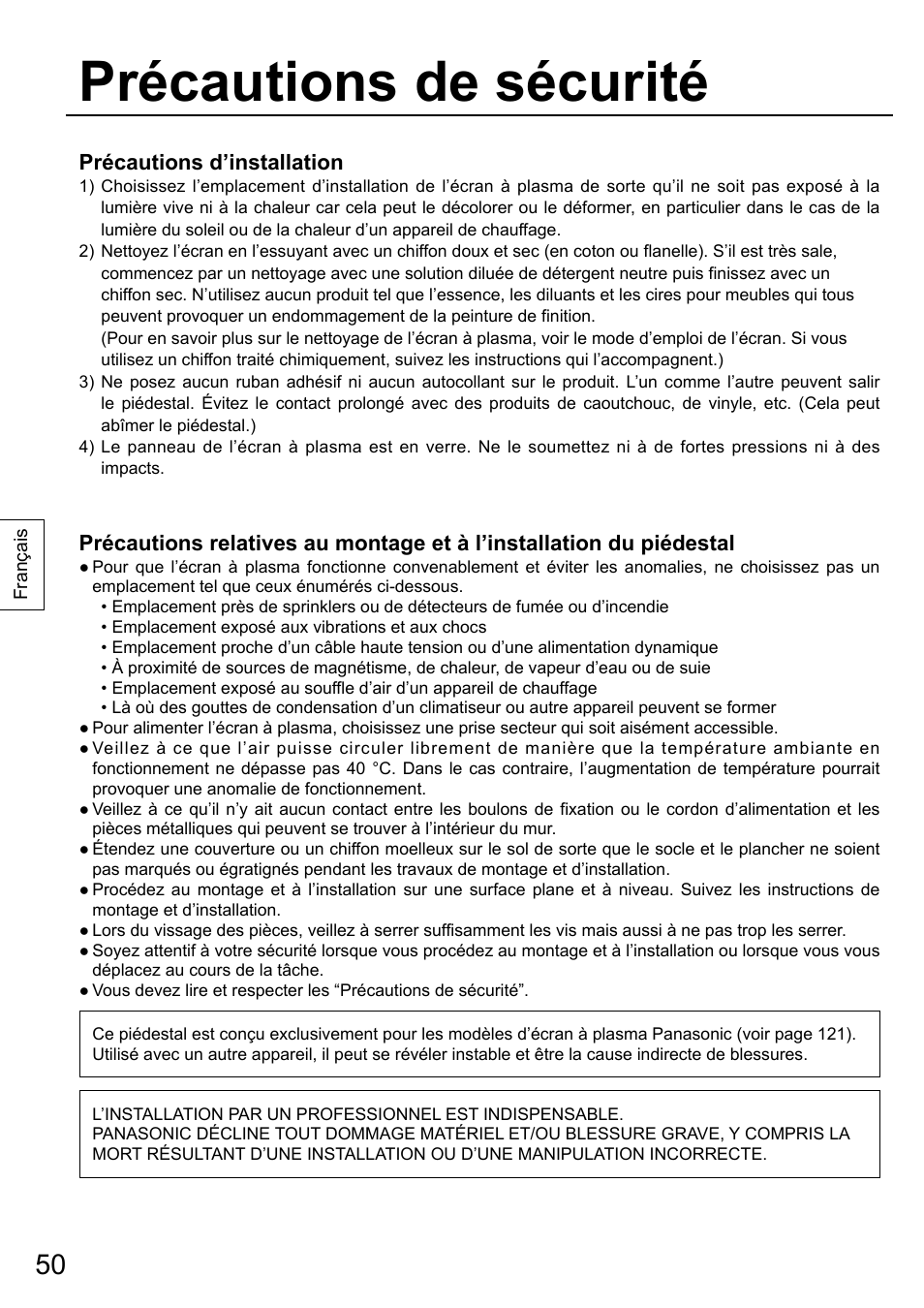Précautions de sécurité | Panasonic TYST58PF20 User Manual | Page 50 / 122