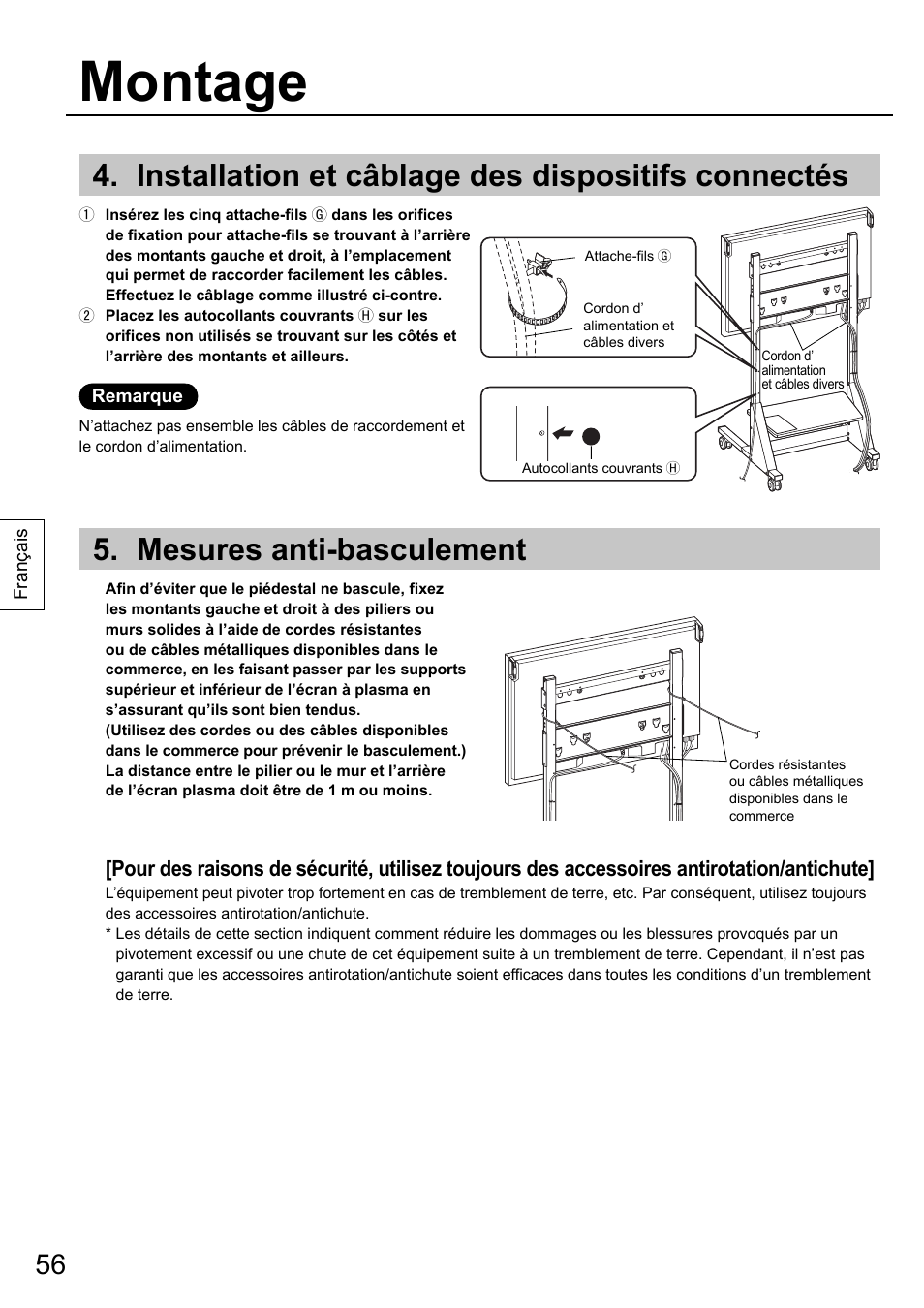 Montage, Installation et câblage des dispositifs connectés, Mesures anti-basculement | Panasonic TYST58PF20 User Manual | Page 56 / 122