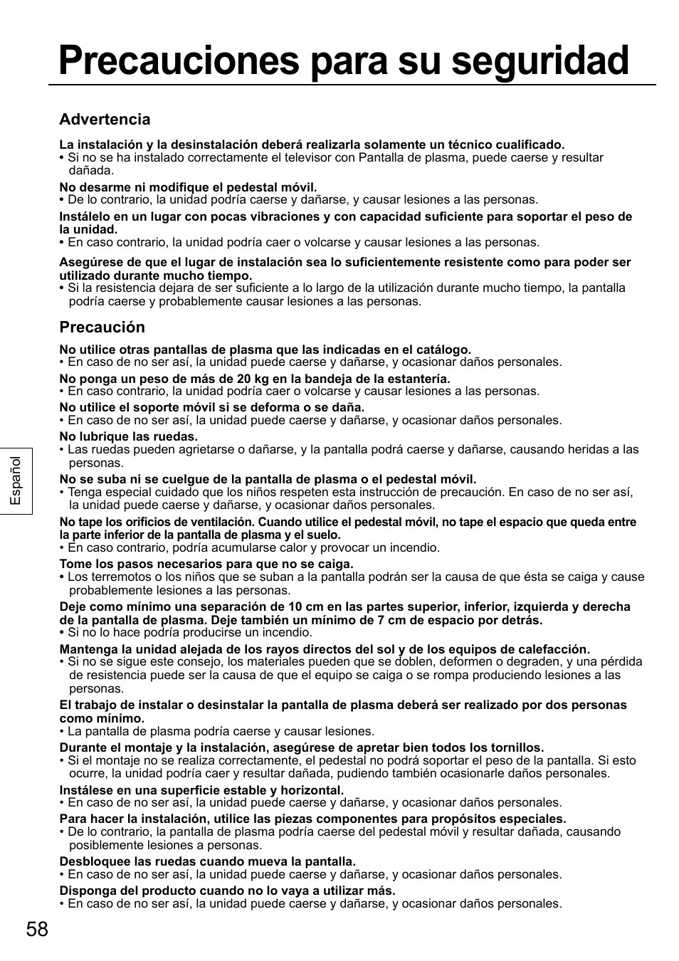 Precauciones para su seguridad, Advertencia, Precaución | Panasonic TYST58PF20 User Manual | Page 58 / 122