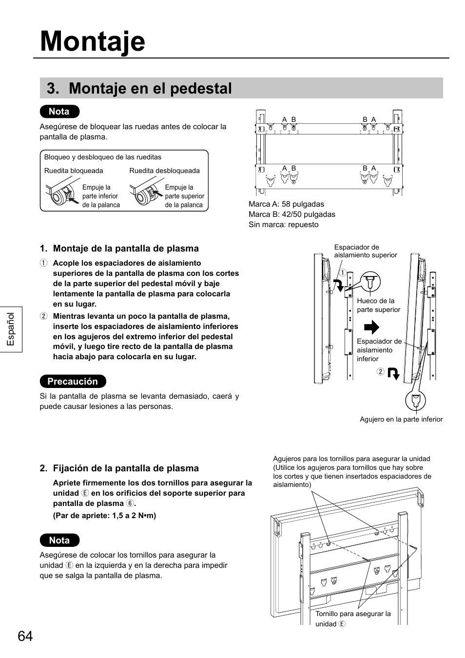 Montaje, Montaje en el pedestal | Panasonic TYST58PF20 User Manual | Page 64 / 122