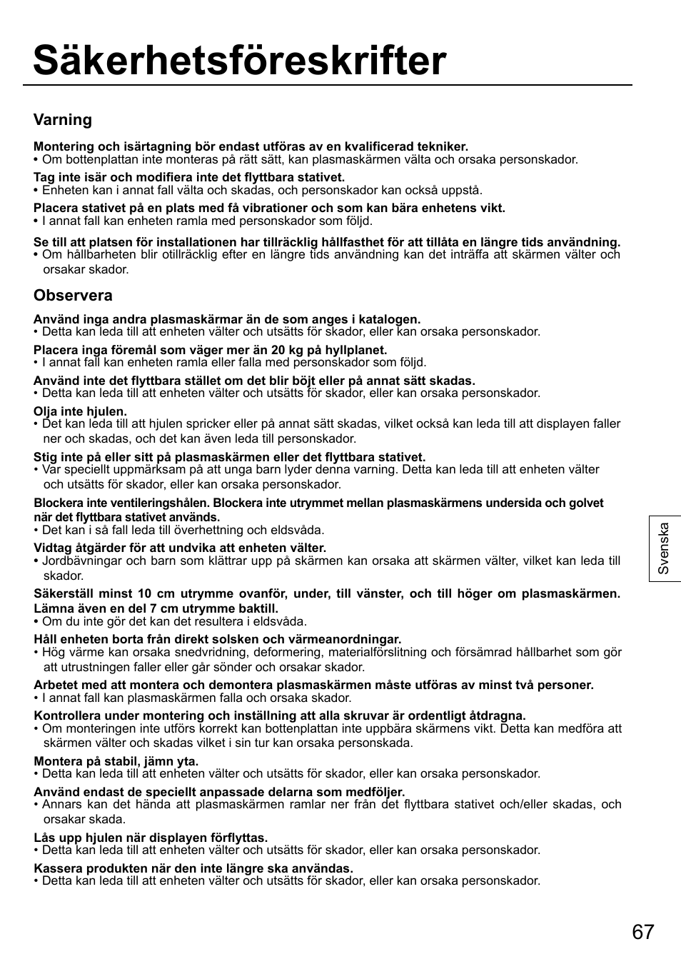 Säkerhetsföreskrifter | Panasonic TYST58PF20 User Manual | Page 67 / 122