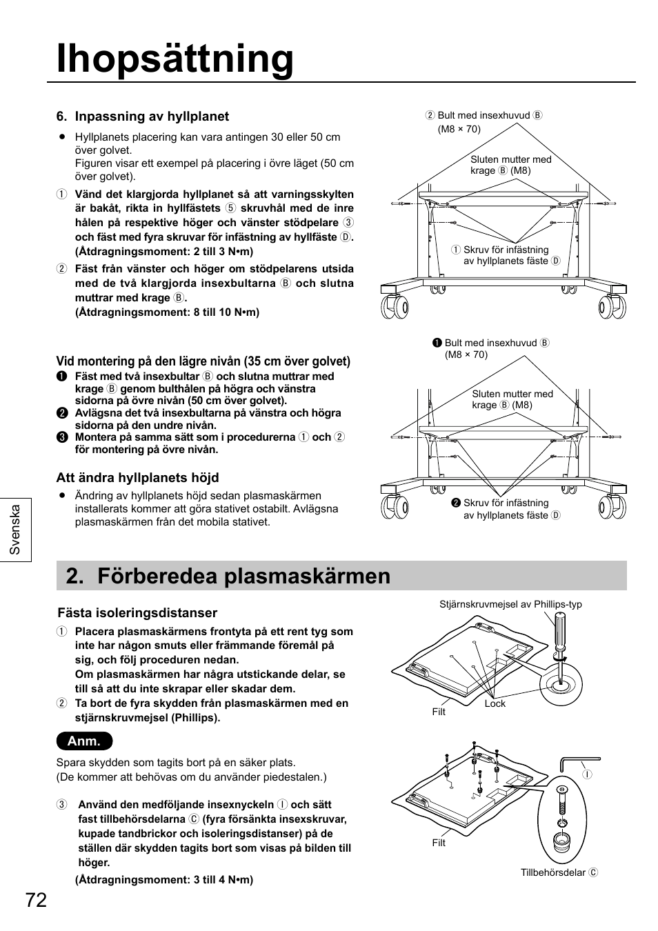 Ihopsättning, Förberedea plasmaskärmen | Panasonic TYST58PF20 User Manual | Page 72 / 122