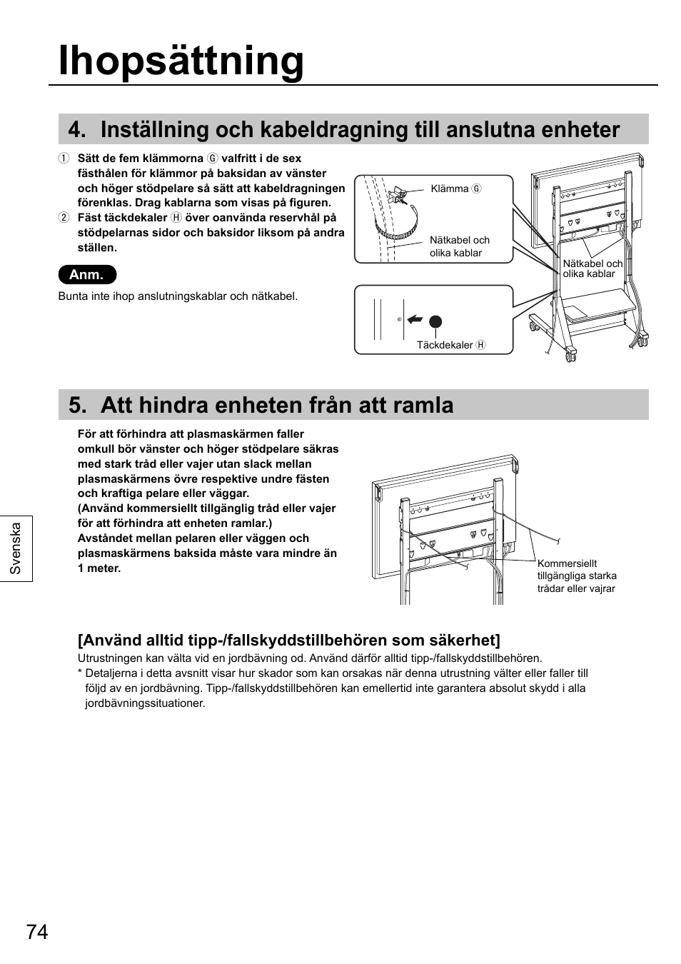 Ihopsättning, Att hindra enheten från att ramla | Panasonic TYST58PF20 User Manual | Page 74 / 122
