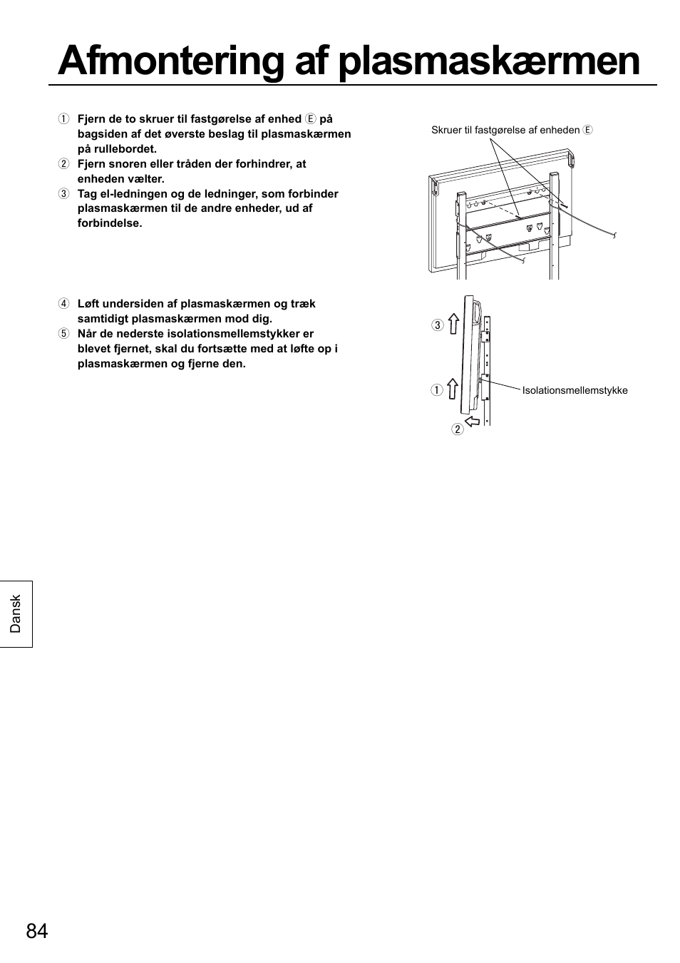 Afmontering af plasmaskærmen | Panasonic TYST58PF20 User Manual | Page 84 / 122