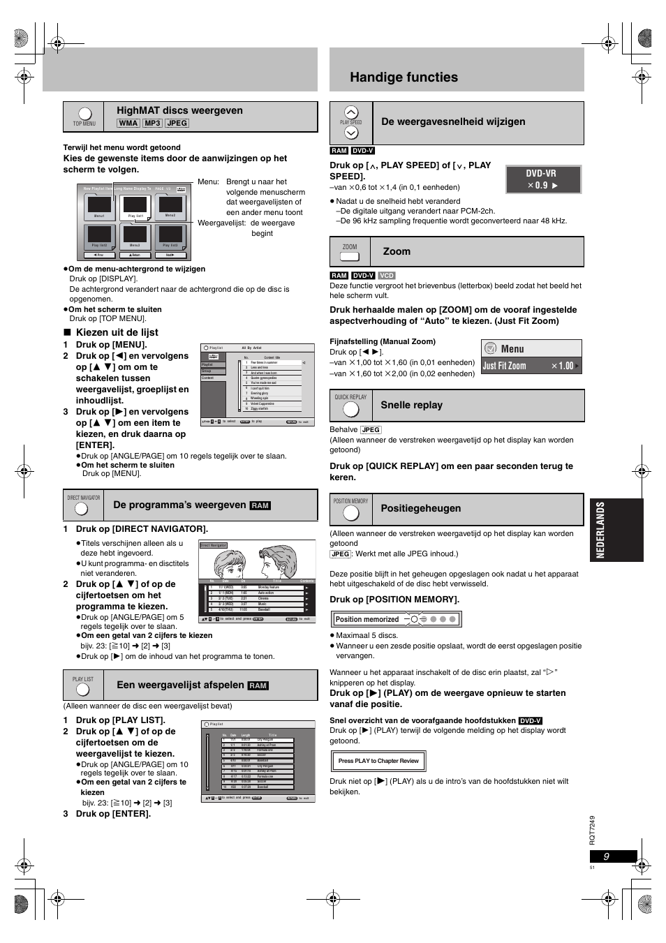 Handige functies, Kiezen uit de lijst, Highmat discs weergeven | De programma’s weergeven, Een weergavelijst afspelen, Menu just fit zoom, Dvd-vr  0.9, 1 druk op [direct navigator, 3 druk op [enter, Wma] [mp3] [jpeg | Panasonic DVDS47EG User Manual | Page 51 / 75