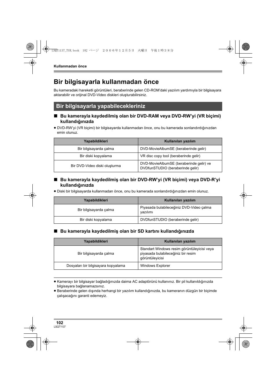 Bir bilgisayarla kullanmadan önce, Bir bilgisayarla yapabilecekleriniz | Panasonic VDRD310EG User Manual | Page 102 / 124