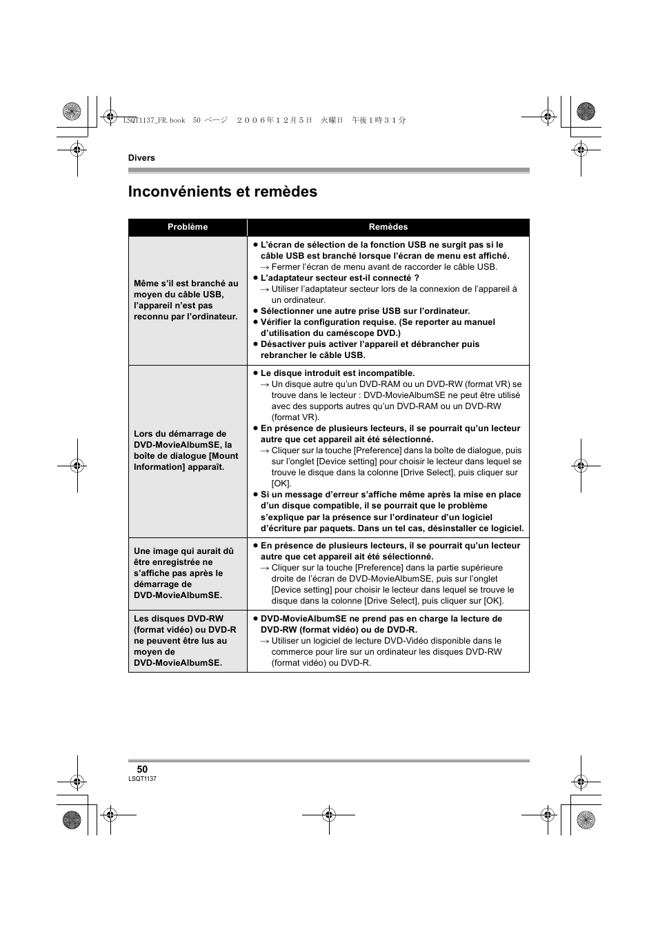 Inconvénients et remèdes | Panasonic VDRD310EG User Manual | Page 50 / 124